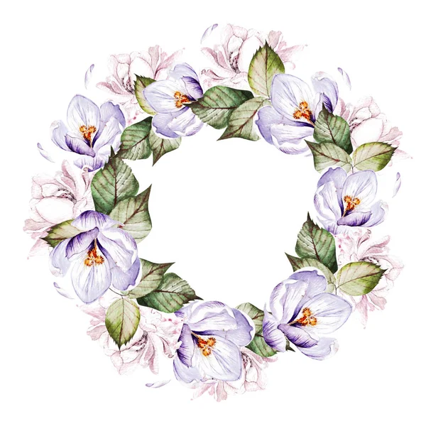 Couronne aquarelle aux fleurs de rose et de crocus. — Photo