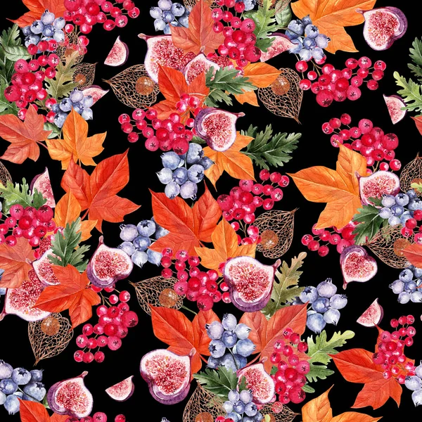 Mooie herfst aquarel patroon met bladeren, bosbessen, viburnum bessen, fysales en vijgen. — Stockfoto