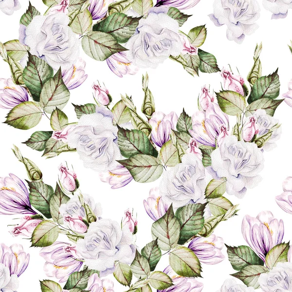 Beautiful watercolor wedding pattern with roses flowers and crocus. — Stock Photo, Image