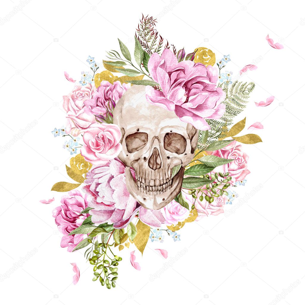 Watercolor card with skulls and different flowers. 