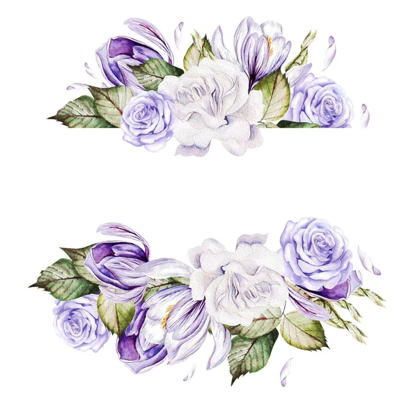 Akvarell kort med ros och krokus blommor. — Stockfoto