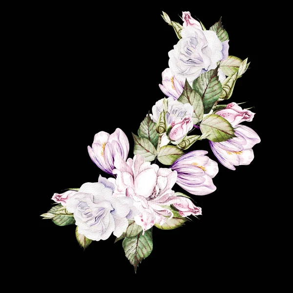 Aquarellstrauß mit Rosen- und Krokusblüten. — Stockfoto