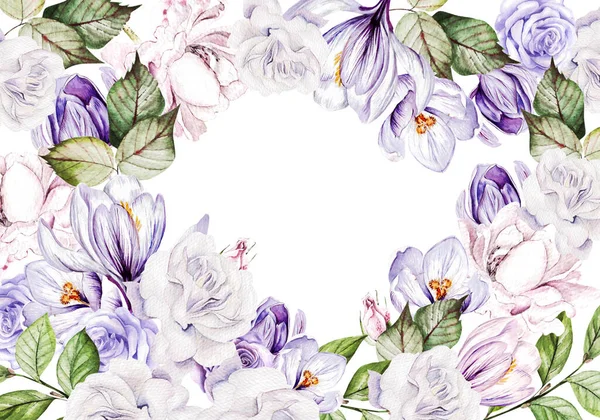 Sommer-Blumen-Grußkarte mit blühenden Krokussen und Gartenblättern, Illustration — Stockfoto