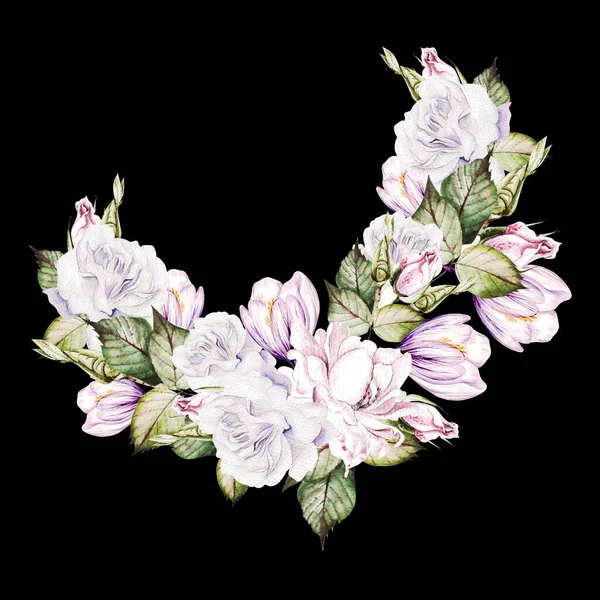 Akvarell bukett med ros och krokus blommor. — Stockfoto