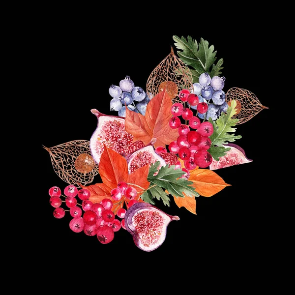 Gyönyörű őszi akvarell csokor levelekkel, áfonyával, rezgő bogyókkal, fizálokkal és fügékkel. — Stock Fotó