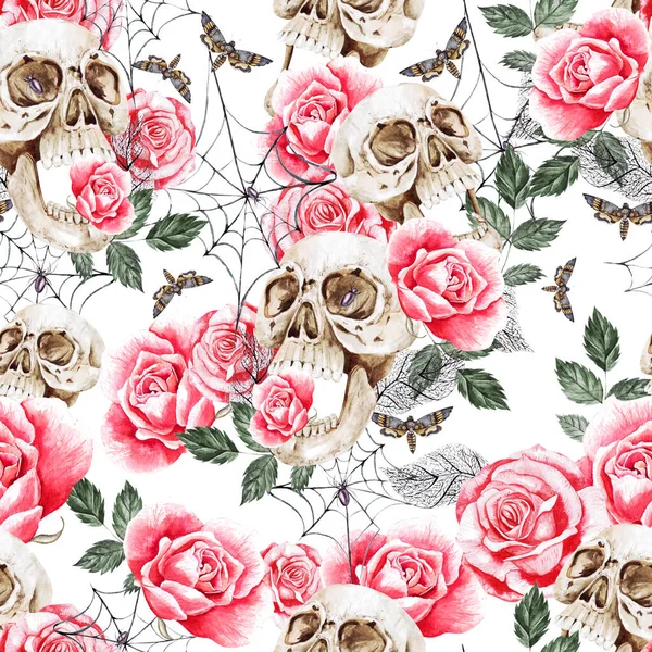 Watercolor seamless pattern with skull and roses flowers,leaves. — Stock Photo, Image