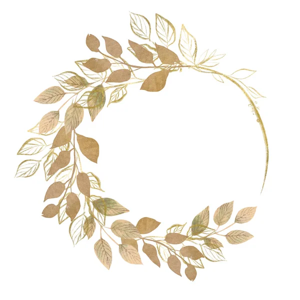 Watercolor wreath with leaves and gold elements. — Stock Photo, Image