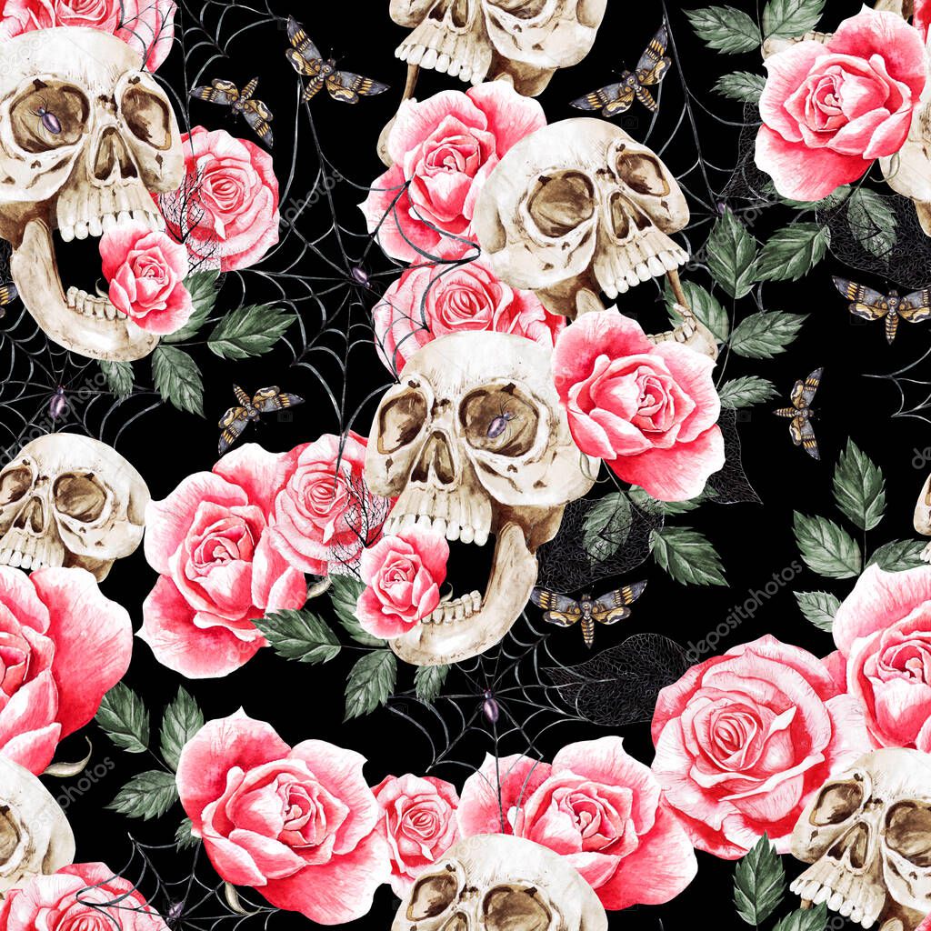 Watercolor seamless pattern with skull and roses flowers,leaves.