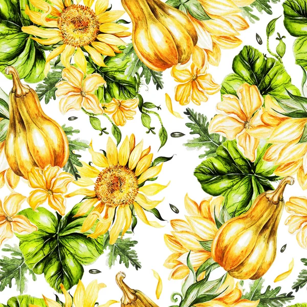 Beautiful watercolor seamless pattern with sunflower, pumpkins and leaves. — Stock Photo, Image