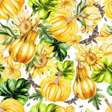 Ayçiçeği, balkabağı ve yapraklarla kusursuz güzel suluboya deseni. 