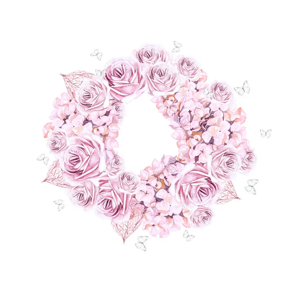 Grinalda aquarela com hortênsia, rosas, physalis. — Fotografia de Stock