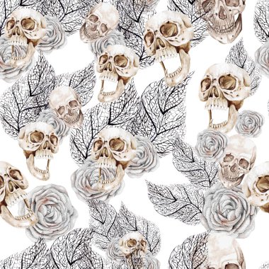 Kafatası ve yapraklarla suluboya kusursuz desen. 