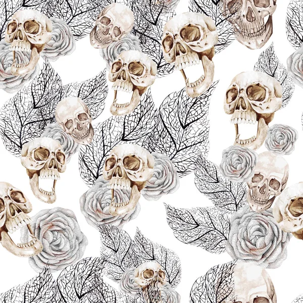 Watercolor seamless pattern with skull and leaves. 