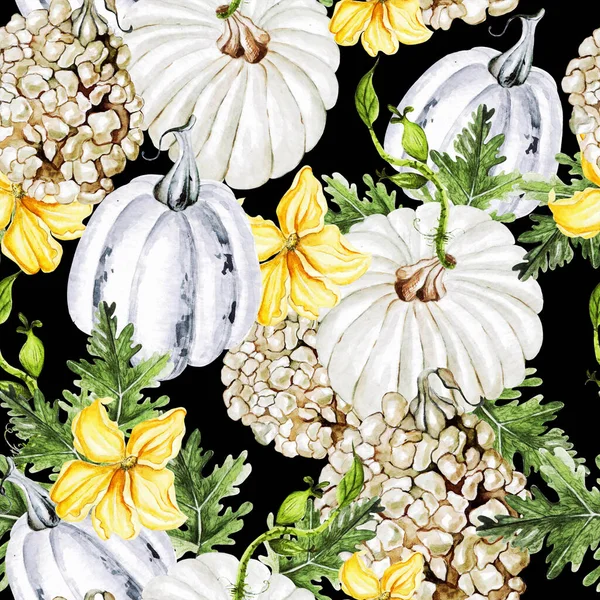Schönes Aquarell mit nahtlosem Muster mit Sonnenblumen, Kürbissen und Blättern. — Stockfoto