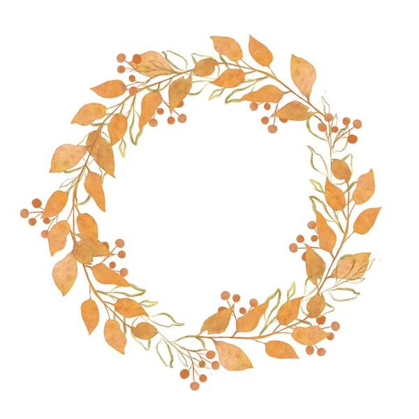 Watercolor autumn wreath with leaves and gold elements. — Stock Photo, Image