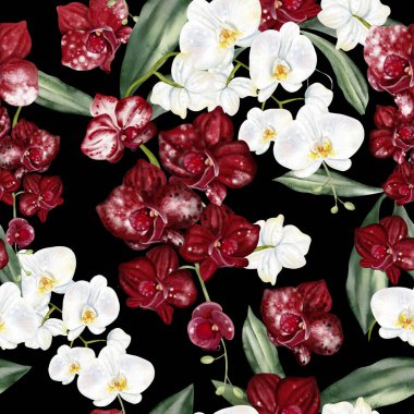 Kırmızı, bordo renkli orkide çiçekleri olan güzel, pürüzsüz bir desen..