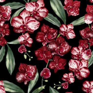 Kırmızı, bordo renkli orkide çiçekleri olan güzel, pürüzsüz bir desen..