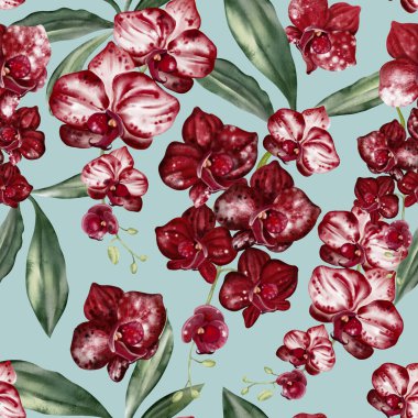 Kırmızı, bordo renkli orkide çiçekleri olan güzel, pürüzsüz bir desen..