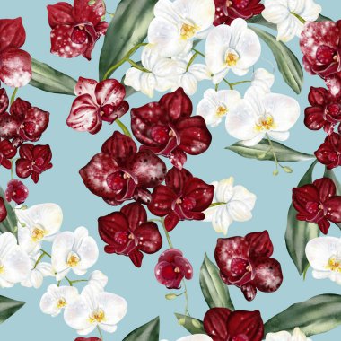 Kırmızı, bordo renkli orkide çiçekleri olan güzel, pürüzsüz bir desen..