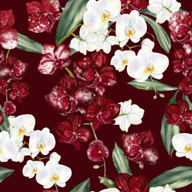 Kırmızı, bordo renkli orkide çiçekleri olan güzel, pürüzsüz bir desen..