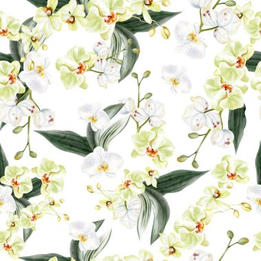 Beyaz ve sarı orkide çiçekleriyle kusursuz bir desen. Görüntü.