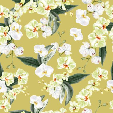 Beyaz ve sarı orkide çiçekleriyle kusursuz bir desen. Görüntü.
