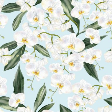 Beyaz ve sarı orkide çiçekleriyle kusursuz bir desen. Görüntü.