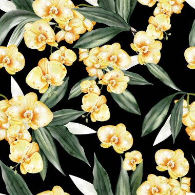 Beyaz ve sarı orkide çiçekleriyle kusursuz bir desen. Görüntü.