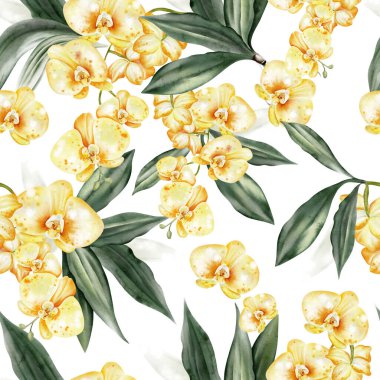 Beyaz ve sarı orkide çiçekleriyle kusursuz bir desen. Görüntü.