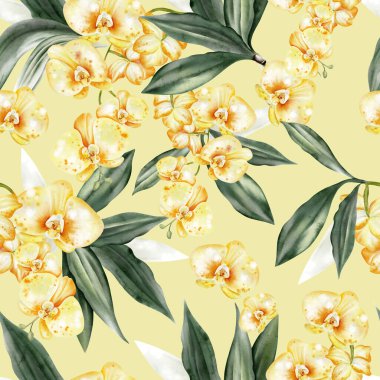 Beyaz ve sarı orkide çiçekleriyle kusursuz bir desen. Görüntü.