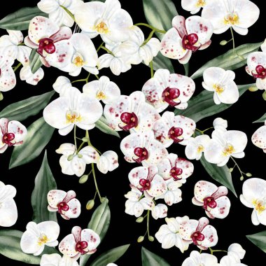 Beyaz kırmızı orkideli, kusursuz bir desen. Görüntü.