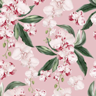Pembe çiçekli ve yeşil orkide yapraklı güzel, pürüzsüz bir desen. Görüntü