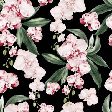 Pembe çiçekli ve yeşil orkide yapraklı güzel, pürüzsüz bir desen. Görüntü