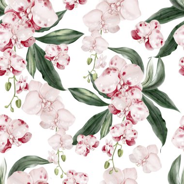 Pembe çiçekli ve yeşil orkide yapraklı güzel, pürüzsüz bir desen. Görüntü