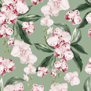 Pembe çiçekli ve yeşil orkide yapraklı güzel, pürüzsüz bir desen. Görüntü