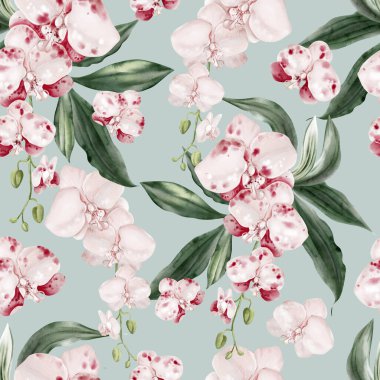 Pembe çiçekli ve yeşil orkide yapraklı güzel, pürüzsüz bir desen. Görüntü