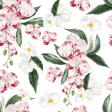 Pembe çiçekli ve yeşil orkide yapraklı güzel, pürüzsüz bir desen. Görüntü