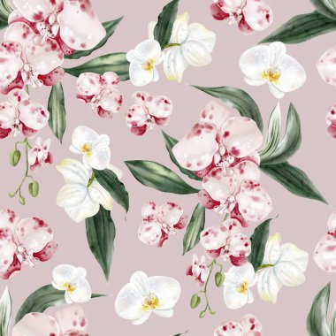 Pembe çiçekli ve yeşil orkide yapraklı güzel, pürüzsüz bir desen. Görüntü