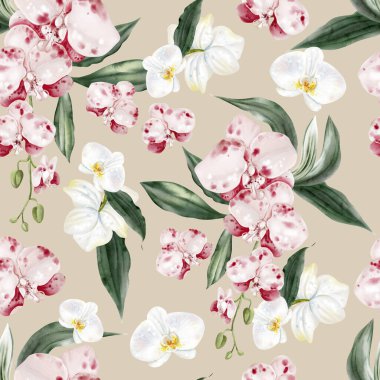 Pembe çiçekli ve yeşil orkide yapraklı güzel, pürüzsüz bir desen. Görüntü