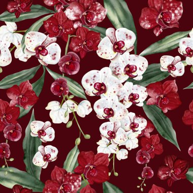 Kırmızı ve beyaz çiçekli ve yeşil orkide yapraklı güzel, pürüzsüz bir desen. Görüntü