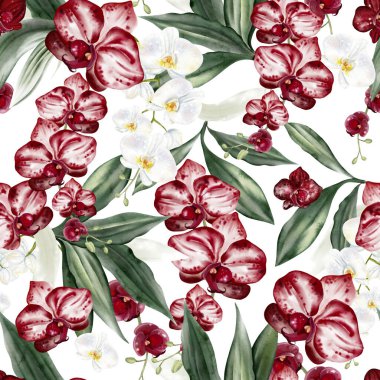 Kırmızı ve beyaz çiçekli ve yeşil orkide yapraklı güzel, pürüzsüz bir desen. Görüntü