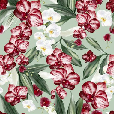 Kırmızı ve beyaz çiçekli ve yeşil orkide yapraklı güzel, pürüzsüz bir desen. Görüntü