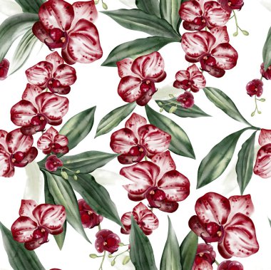 Kırmızı çiçekleri ve yeşil orkide yaprakları olan güzel, pürüzsüz bir desen. Görüntü