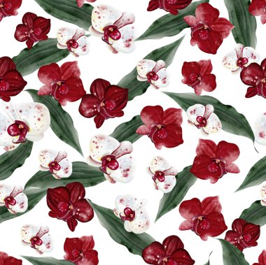 Kırmızı ve beyaz çiçekli ve yeşil orkide yapraklı güzel, pürüzsüz bir desen. Görüntü