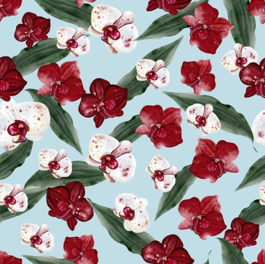 Kırmızı ve beyaz çiçekli ve yeşil orkide yapraklı güzel, pürüzsüz bir desen. Görüntü