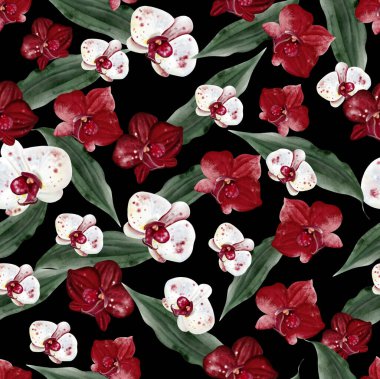 Kırmızı ve beyaz çiçekli ve yeşil orkide yapraklı güzel, pürüzsüz bir desen. Görüntü