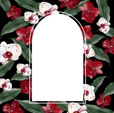 Üzerinde kırmızı orkide çiçekleri ve yaprakları olan düğün davetiyesi. Görüntü