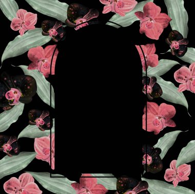 Üzerinde kırmızı orkide çiçekleri ve yaprakları olan düğün davetiyesi. Görüntü