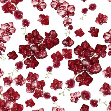 Kırmızı, bordo renkli orkide çiçekleri olan güzel, pürüzsüz bir desen..