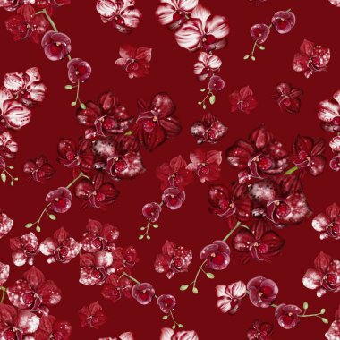 Kırmızı, bordo renkli orkide çiçekleri olan güzel, pürüzsüz bir desen..